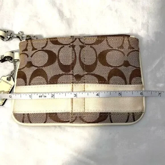 Coach Signature Tan Brown Wristlet Monogram Cream Accent Wristlet - Picture 11 of 11